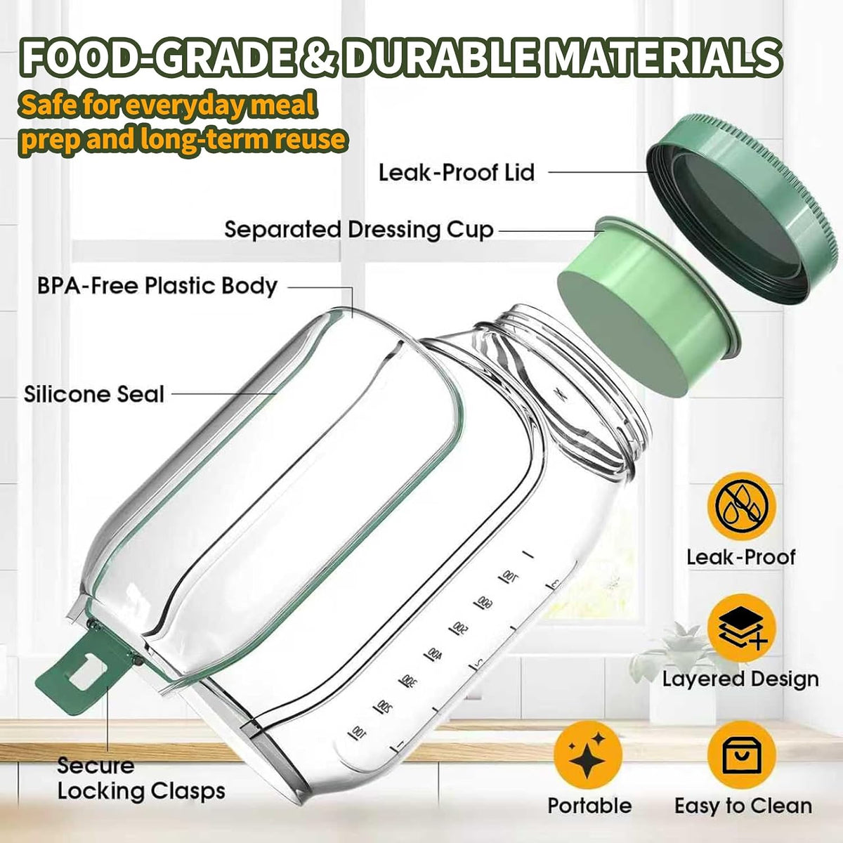 Salad Jar with Side Opening, Mason Jar Pod Lunch Container for Meal Prep, Leakproof Airtight Salad Shaker with Dressing Container, BPA Free & Dishwasher Safe for Office & Travel