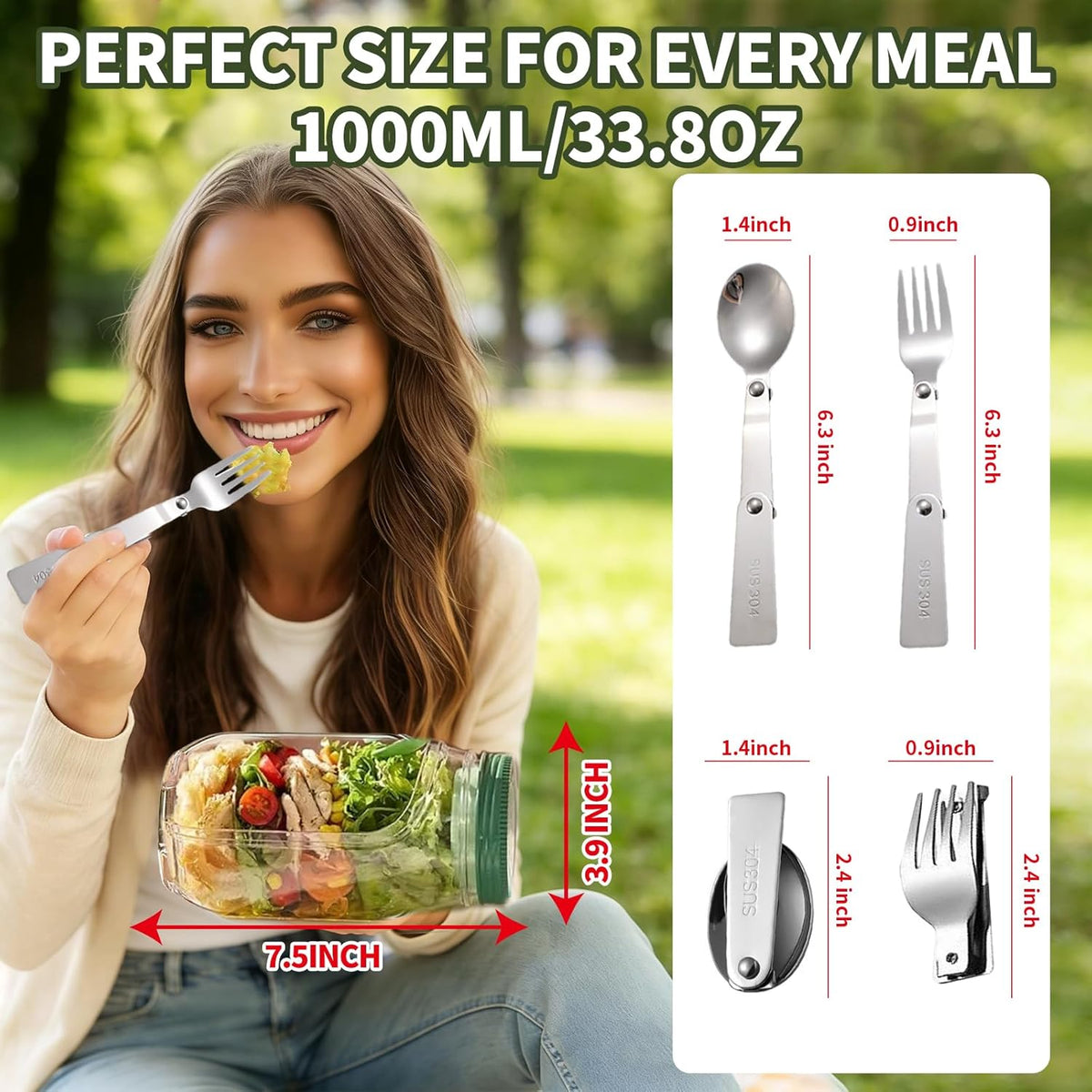 Salad Jar with Side Opening, Mason Jar Pod Lunch Container for Meal Prep, Leakproof Airtight Salad Shaker with Dressing Container, BPA Free & Dishwasher Safe for Office & Travel