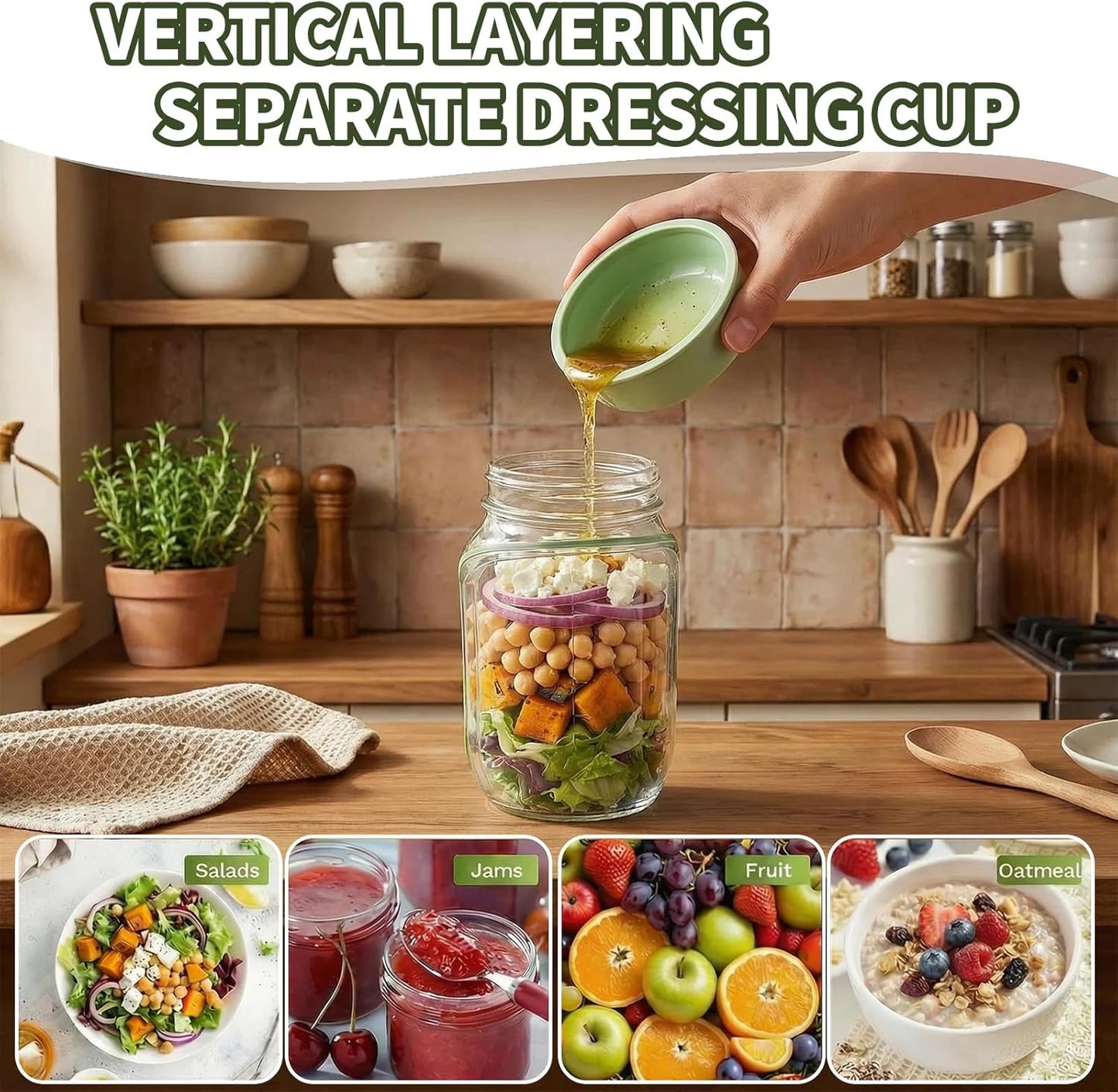 Salad Jar with Side Opening, Mason Jar Pod Lunch Container for Meal Prep, Leakproof Airtight Salad Shaker with Dressing Container, BPA Free & Dishwasher Safe for Office & Travel