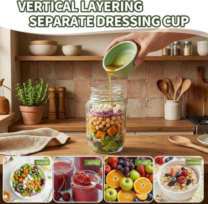 Salad Jar with Side Opening, Mason Jar Pod Lunch Container for Meal Prep, Leakproof Airtight Salad Shaker with Dressing Container, BPA Free & Dishwasher Safe for Office & Travel