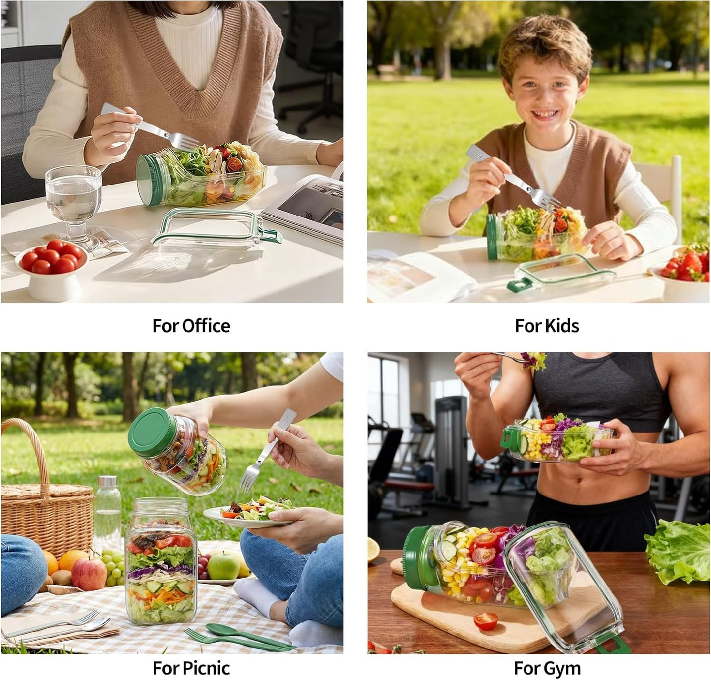 Salad Jar with Side Opening, Mason Jar Pod Lunch Container for Meal Prep, Leakproof Airtight Salad Shaker with Dressing Container, BPA Free & Dishwasher Safe for Office & Travel