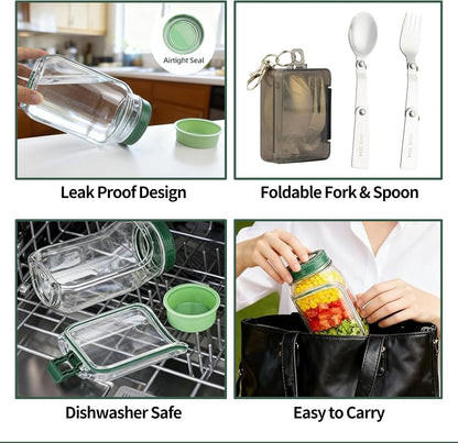 Salad Jar with Side Opening, Mason Jar Pod Lunch Container for Meal Prep, Leakproof Airtight Salad Shaker with Dressing Container, BPA Free & Dishwasher Safe for Office & Travel
