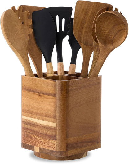 Acacia Wood Utensil Holder, 360° Rotating, Large Countertop Organizer, Farmhouse Kitchen Decor