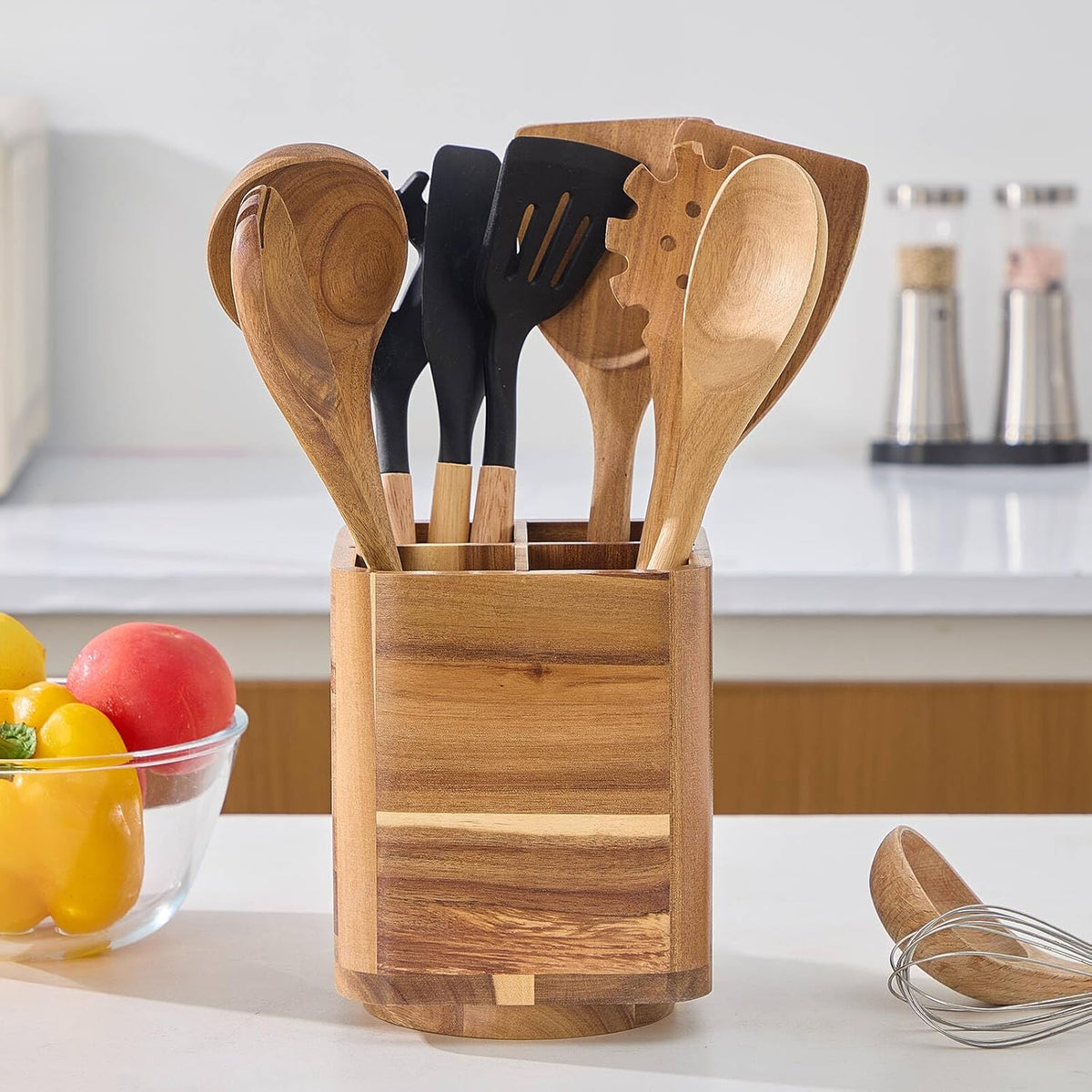 Acacia Wood Utensil Holder, 360° Rotating, Large Countertop Organizer, Farmhouse Kitchen Decor