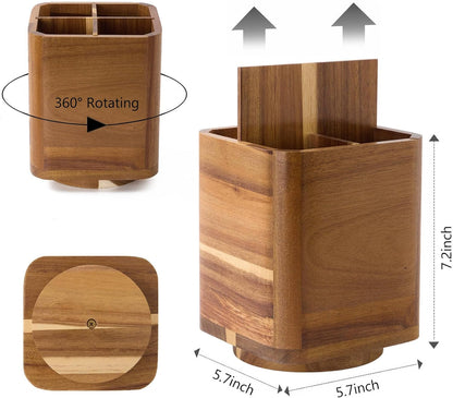 Acacia Wood Utensil Holder, 360° Rotating, Large Countertop Organizer, Farmhouse Kitchen Decor