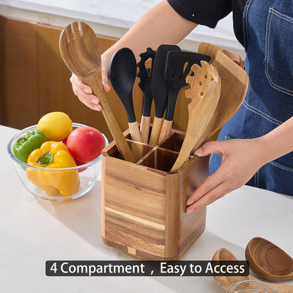 Acacia Wood Utensil Holder, 360° Rotating, Large Countertop Organizer, Farmhouse Kitchen Decor