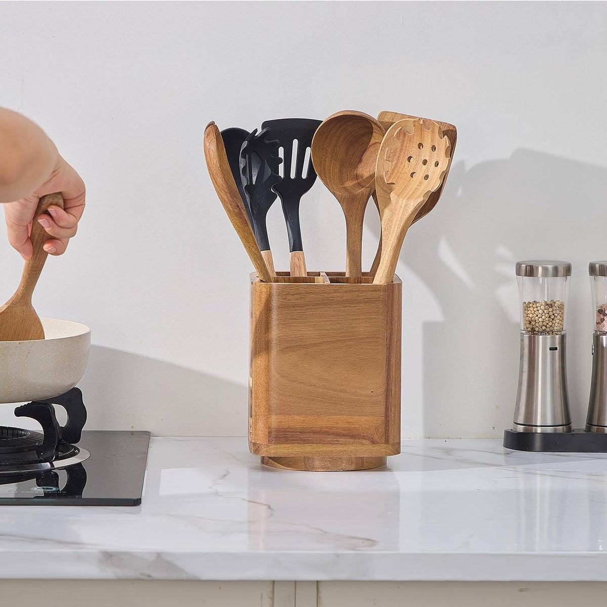 Acacia Wood Utensil Holder, 360° Rotating, Large Countertop Organizer, Farmhouse Kitchen Decor