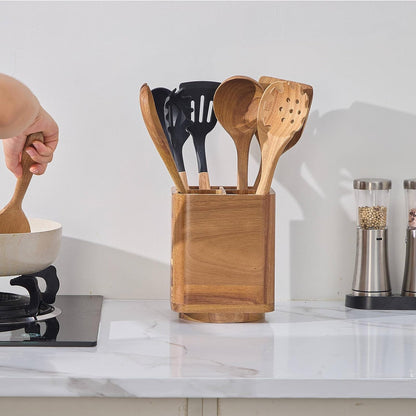 Acacia Wood Utensil Holder, 360° Rotating, Large Countertop Organizer, Farmhouse Kitchen Decor
