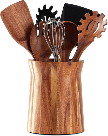 Acacia Wood Utensil Holder, 360° Rotating, Large Countertop Organizer, Farmhouse Kitchen Decor