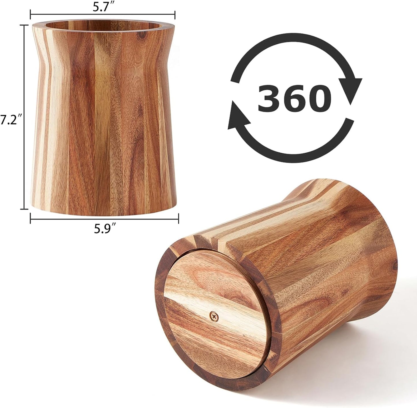 Acacia Wood Utensil Holder, 360° Rotating, Large Countertop Organizer, Farmhouse Kitchen Decor