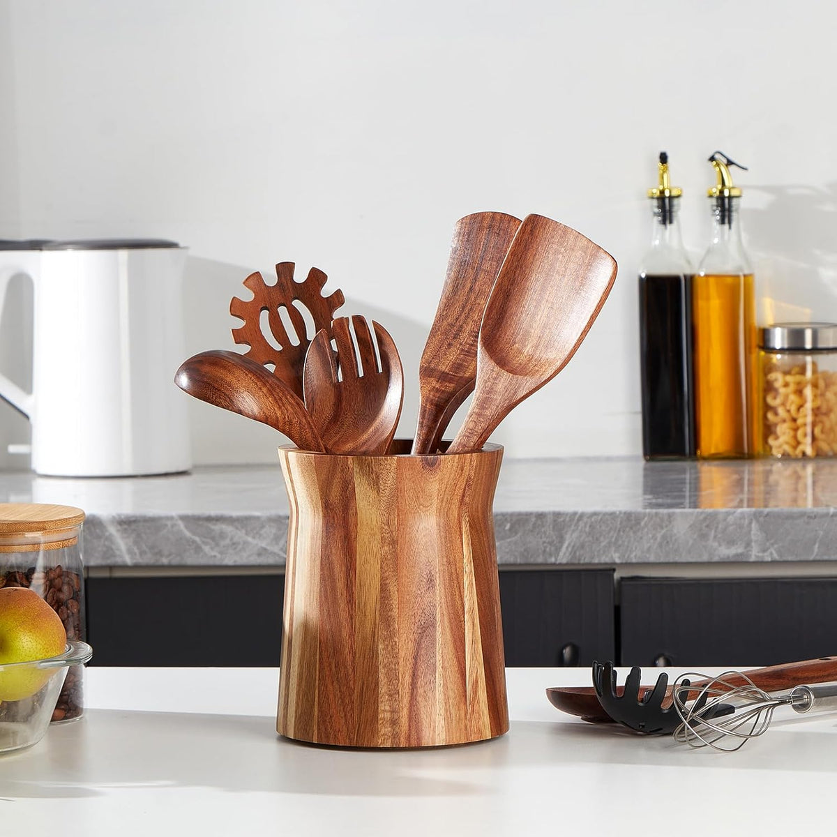 Acacia Wood Utensil Holder, 360° Rotating, Large Countertop Organizer, Farmhouse Kitchen Decor