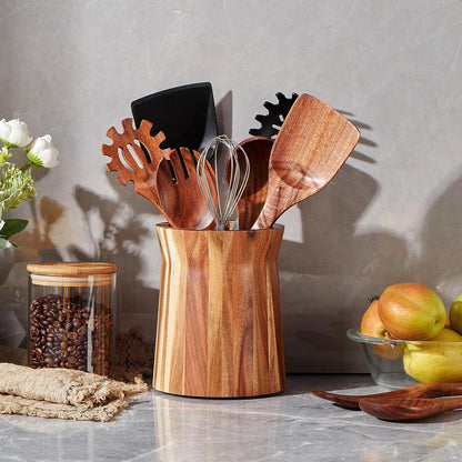 Acacia Wood Utensil Holder, 360° Rotating, Large Countertop Organizer, Farmhouse Kitchen Decor