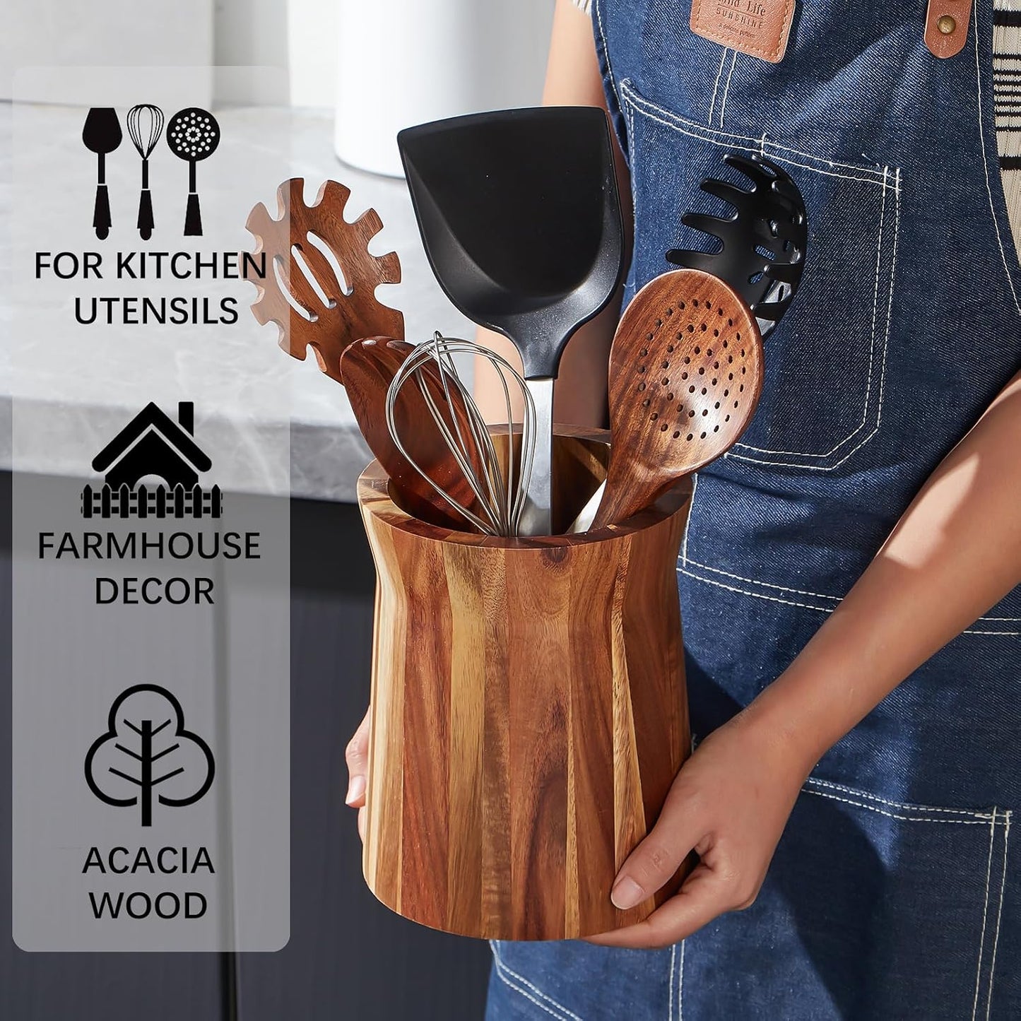 Acacia Wood Utensil Holder, 360° Rotating, Large Countertop Organizer, Farmhouse Kitchen Decor