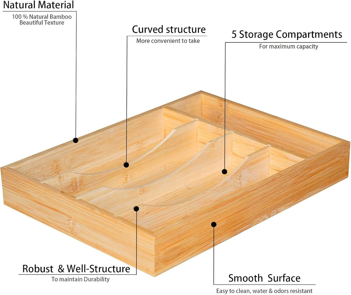 Krismax Bamboo Silverware Drawer Organizer，5 slots Wood Storage Containers, Junk Drawer Divider Organzers, Untensils Cutlery Tray, Kitchen Flatware