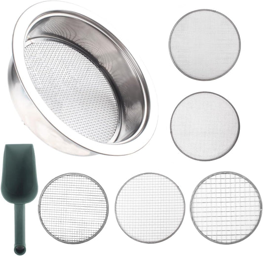 Soil Sifter Set for Garden with 5 Sieve Mesh Filter Sizes and Shovel, Stainless Stackable Gardening Sifting Screen Pan for Dirt, Sand, Rock, Filtration, Compost and Bonsai.