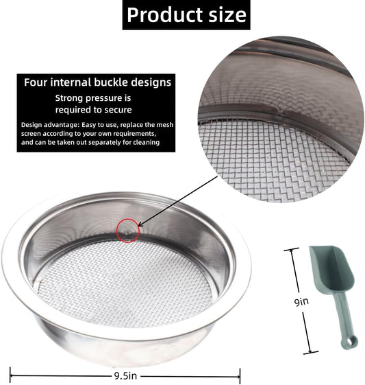 Soil Sifter Set for Garden with 5 Sieve Mesh Filter Sizes and Shovel, Stainless Stackable Gardening Sifting Screen Pan for Dirt, Sand, Rock, Filtration, Compost and Bonsai.