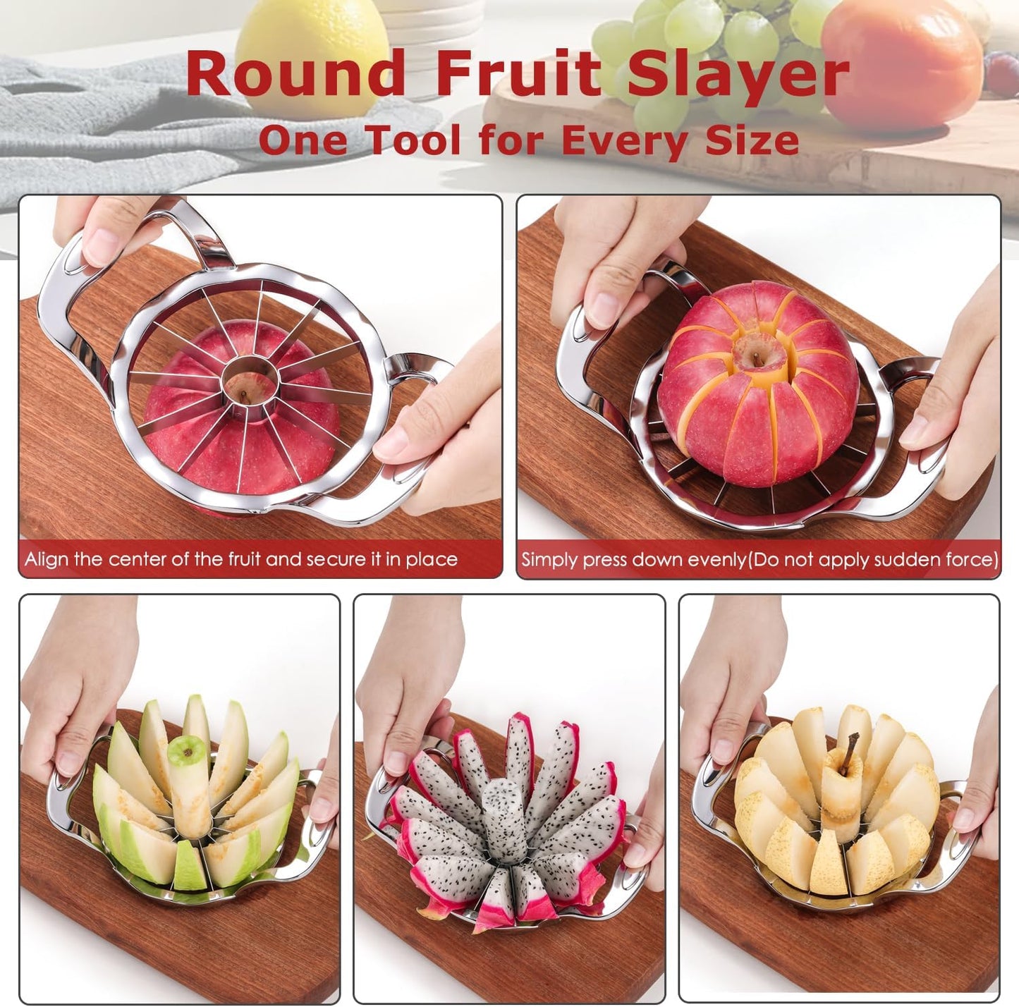 Apple Slicer, 12-Slice Stainless Steel Apple Cutter,3 Forks & Brush | 304 food-grade steel blades, one-press slicing & coring, dishwasher safe, sturdy frame, fits firm root veggies & fruits