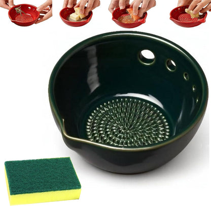 Herb Stripper And Garlic Grater Bowl, 2-in-1 Ceramic Stoneware Kitchen Tool, Handmade Garlic Grinding & Prep Bowl with 5 Hole Sizes & Integrated Grater Plate & Rinse Drain, Green 4.8 * 4.4 * 2in