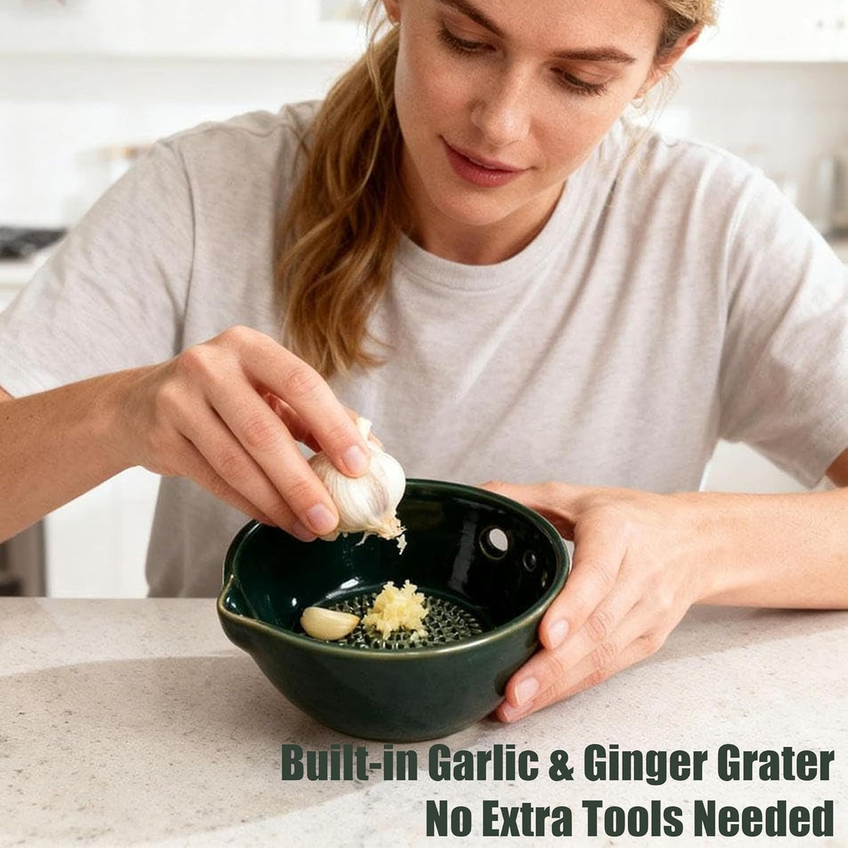 Herb Stripper And Garlic Grater Bowl, 2-in-1 Ceramic Stoneware Kitchen Tool, Handmade Garlic Grinding & Prep Bowl with 5 Hole Sizes & Integrated Grater Plate & Rinse Drain, Green 4.8 * 4.4 * 2in