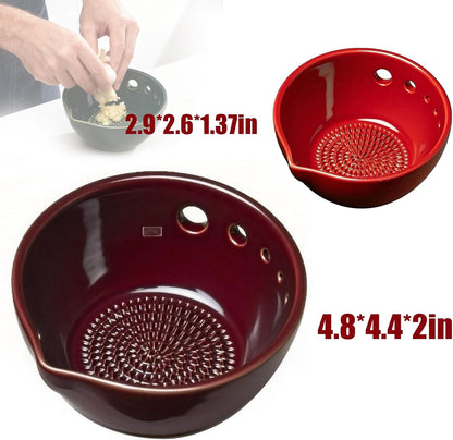 Herb Stripper And Garlic Grater Bowl, 2-in-1 Ceramic Stoneware Kitchen Tool, Handmade Garlic Grinding & Prep Bowl with 5 Hole Sizes & Integrated Grater Plate & Rinse Drain, Green 4.8 * 4.4 * 2in