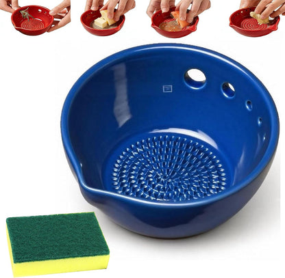 Herb Stripper And Garlic Grater Bowl, 2-in-1 Ceramic Stoneware Kitchen Tool, Handmade Garlic Grinding & Prep Bowl with 5 Hole Sizes & Integrated Grater Plate & Rinse Drain, Green 4.8 * 4.4 * 2in
