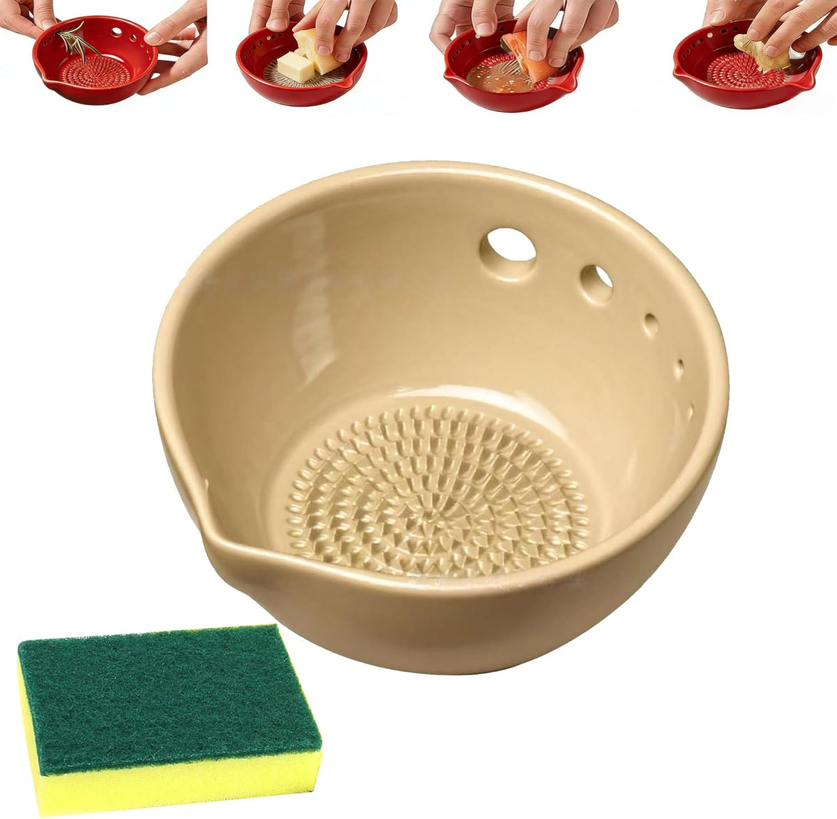 Herb Stripper And Garlic Grater Bowl, 2-in-1 Ceramic Stoneware Kitchen Tool, Handmade Garlic Grinding & Prep Bowl with 5 Hole Sizes & Integrated Grater Plate & Rinse Drain, Green 4.8 * 4.4 * 2in