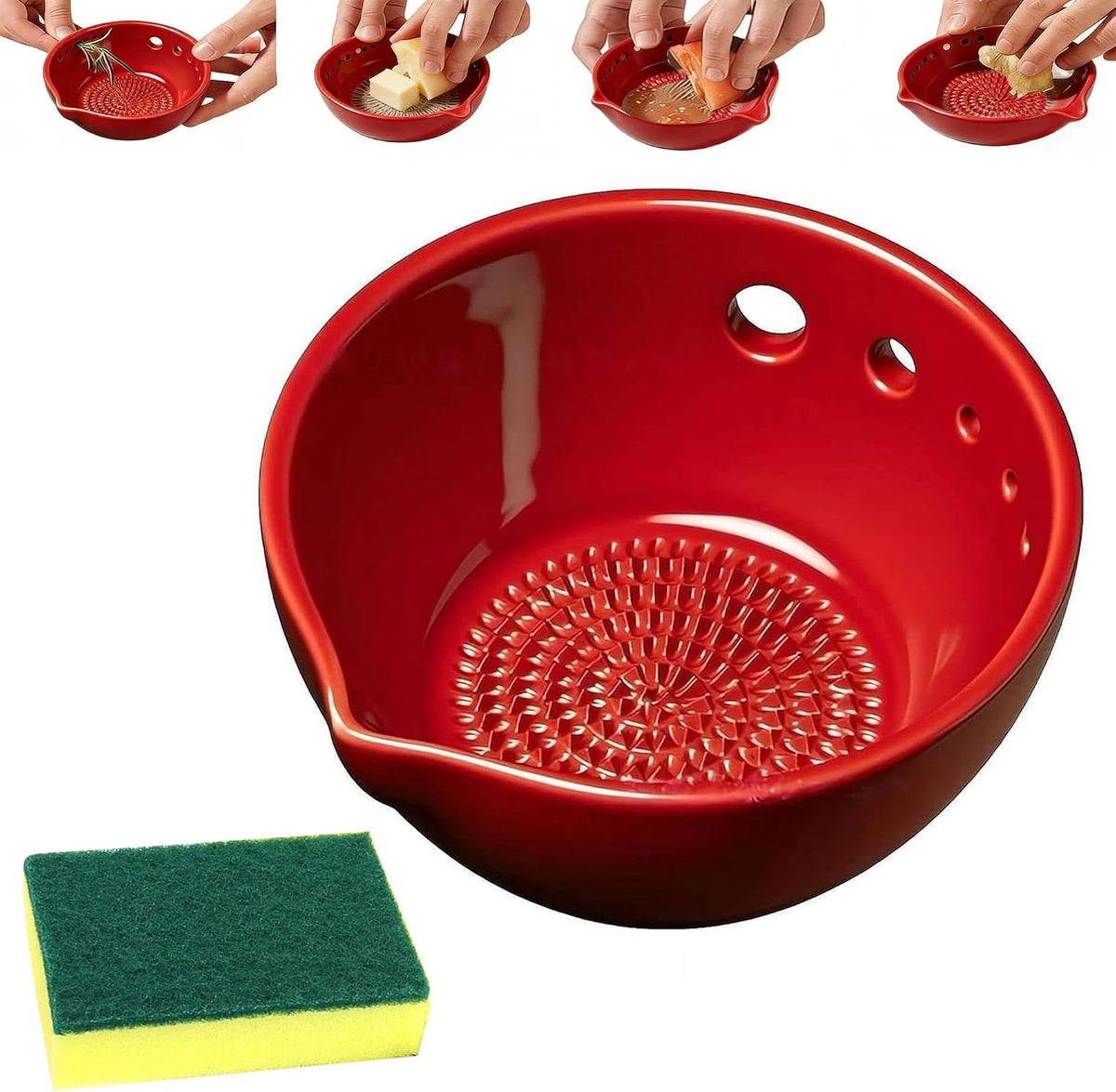 Herb Stripper And Garlic Grater Bowl, 2-in-1 Ceramic Stoneware Kitchen Tool, Handmade Garlic Grinding & Prep Bowl with 5 Hole Sizes & Integrated Grater Plate & Rinse Drain, Green 4.8 * 4.4 * 2in