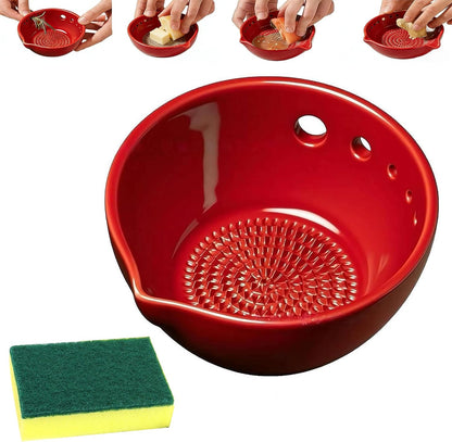 Herb Stripper And Garlic Grater Bowl, 2-in-1 Ceramic Stoneware Kitchen Tool, Handmade Garlic Grinding & Prep Bowl with 5 Hole Sizes & Integrated Grater Plate & Rinse Drain, Green 4.8 * 4.4 * 2in