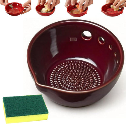 Herb Stripper And Garlic Grater Bowl, 2-in-1 Ceramic Stoneware Kitchen Tool, Handmade Garlic Grinding & Prep Bowl with 5 Hole Sizes & Integrated Grater Plate & Rinse Drain, Green 4.8 * 4.4 * 2in