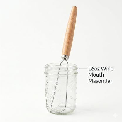Jar Whisk | Stainless Steel with Wooden Handle | For Sourdough Starter, Peanut Butter, Almond Butter, Cashew Butter, Protein Shakes, Tahini, Yogurt, Sauces, Jams and Jellies, Honey and Pancake Batter