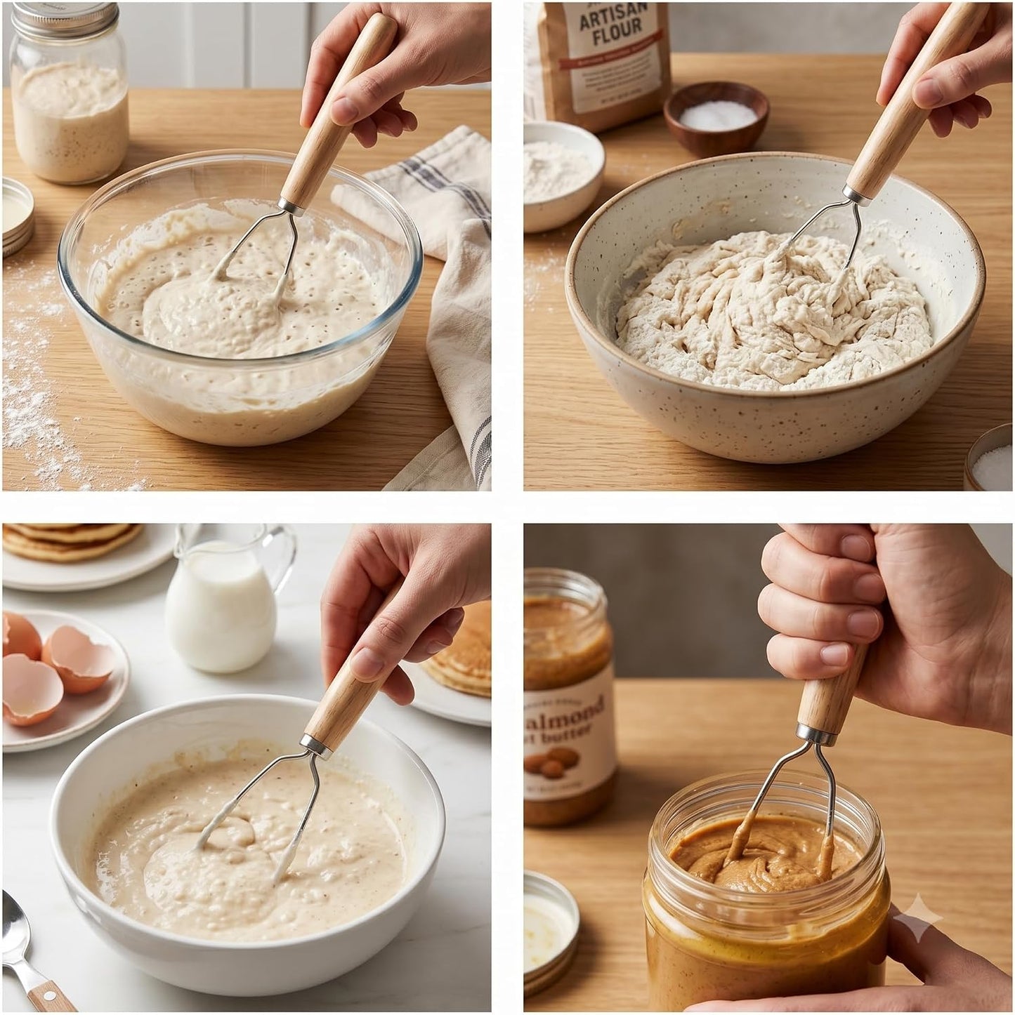 Jar Whisk | Stainless Steel with Wooden Handle | For Sourdough Starter, Peanut Butter, Almond Butter, Cashew Butter, Protein Shakes, Tahini, Yogurt, Sauces, Jams and Jellies, Honey and Pancake Batter