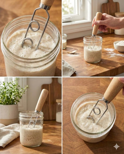 Jar Whisk | Stainless Steel with Wooden Handle | For Sourdough Starter, Peanut Butter, Almond Butter, Cashew Butter, Protein Shakes, Tahini, Yogurt, Sauces, Jams and Jellies, Honey and Pancake Batter