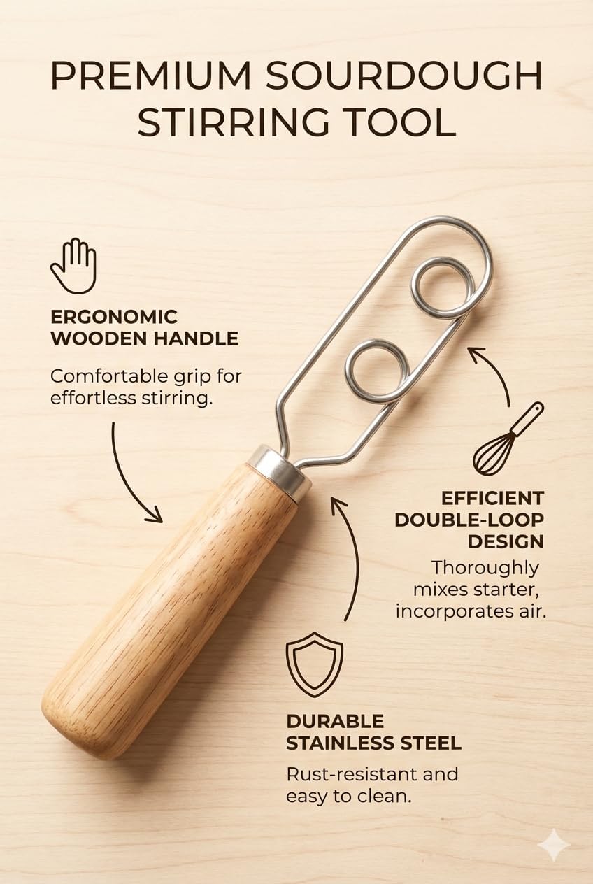 Jar Whisk | Stainless Steel with Wooden Handle | For Sourdough Starter, Peanut Butter, Almond Butter, Cashew Butter, Protein Shakes, Tahini, Yogurt, Sauces, Jams and Jellies, Honey and Pancake Batter