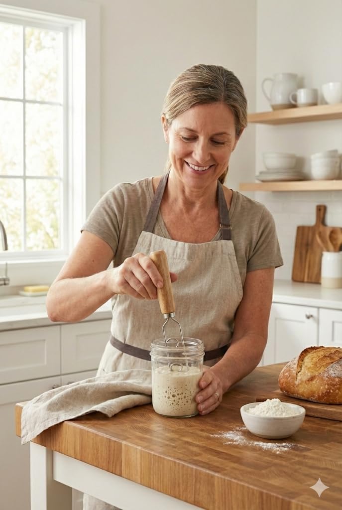 Jar Whisk | Stainless Steel with Wooden Handle | For Sourdough Starter, Peanut Butter, Almond Butter, Cashew Butter, Protein Shakes, Tahini, Yogurt, Sauces, Jams and Jellies, Honey and Pancake Batter