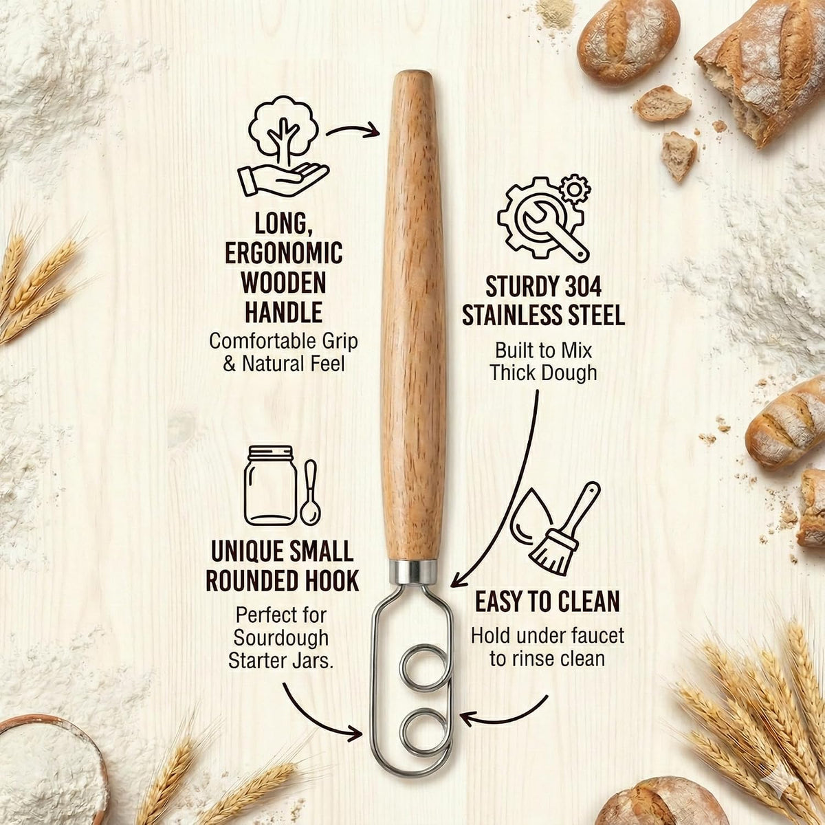 Jar Whisk | Stainless Steel with Wooden Handle | For Sourdough Starter, Peanut Butter, Almond Butter, Cashew Butter, Protein Shakes, Tahini, Yogurt, Sauces, Jams and Jellies, Honey and Pancake Batter