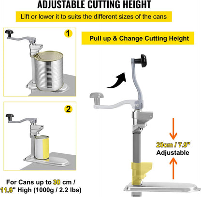 Commercial Can Opener, 18.9"/48cm Long, Stainless Steel Manual Table Can Opener for Up to 11.8"/30cm Tall, Fixed with Clamp or Screws, Ergonomic Swing Handle & One Spare Knife, for Restaurants