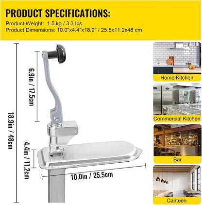 Commercial Can Opener, 18.9"/48cm Long, Stainless Steel Manual Table Can Opener for Up to 11.8"/30cm Tall, Fixed with Clamp or Screws, Ergonomic Swing Handle & One Spare Knife, for Restaurants