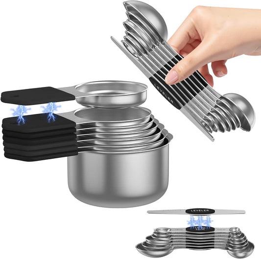 Magnetic Measuring Cups and Spoons Set – 304 Stainless Steel | Dual-Sided Markings | Space-Saving Kitchen Organizer | N52 Magnetic Nesting | 15-Piece with Leveler | Baking & Gift (Black)