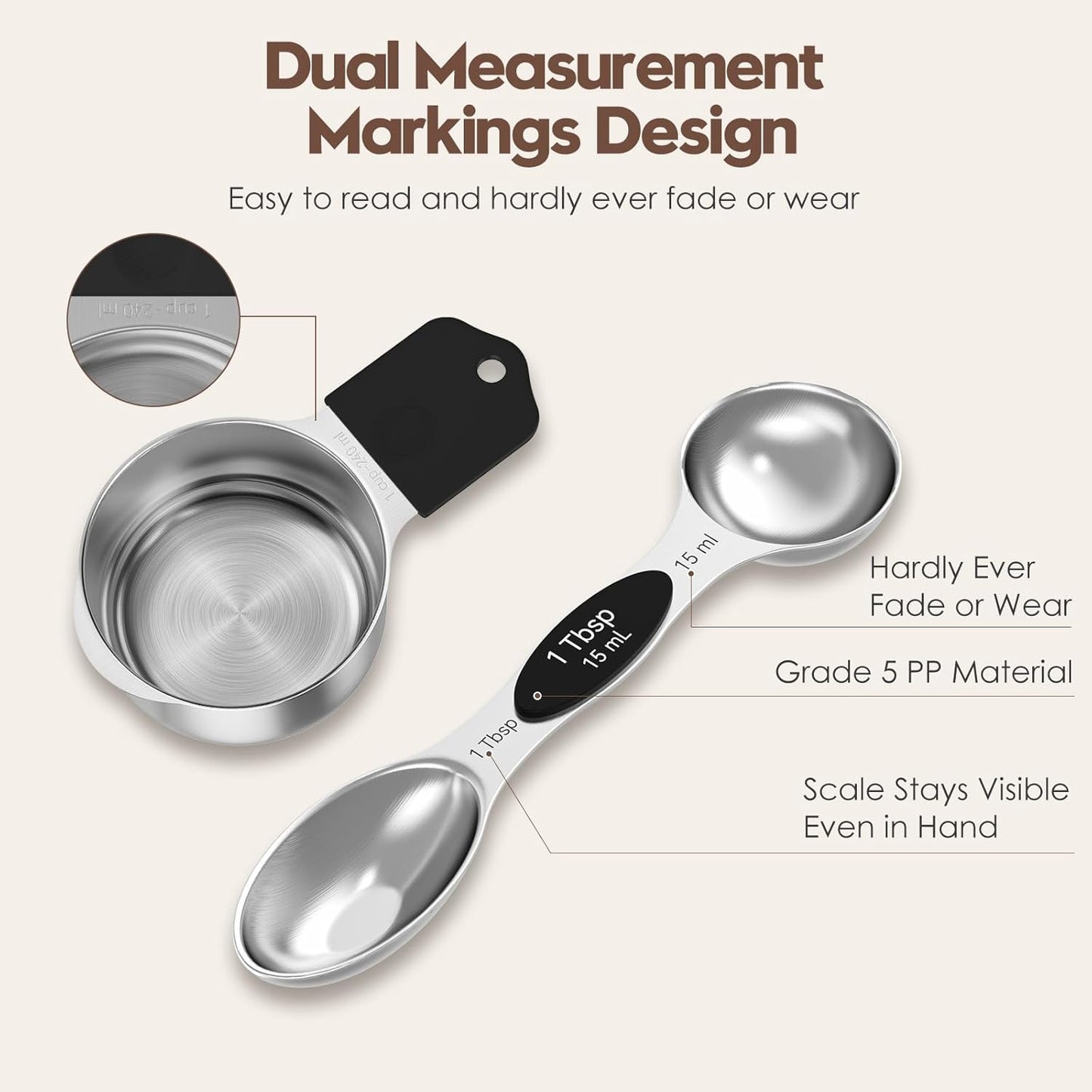 Magnetic Measuring Cups and Spoons Set – 304 Stainless Steel | Dual-Sided Markings | Space-Saving Kitchen Organizer | N52 Magnetic Nesting | 15-Piece with Leveler | Baking & Gift (Black)