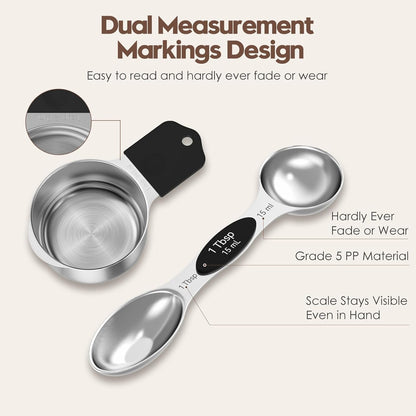 Magnetic Measuring Cups and Spoons Set – 304 Stainless Steel | Dual-Sided Markings | Space-Saving Kitchen Organizer | N52 Magnetic Nesting | 15-Piece with Leveler | Baking & Gift (Black)
