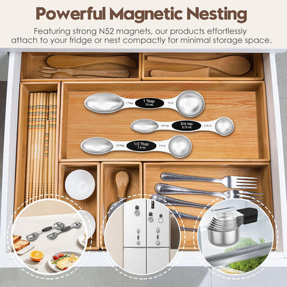Magnetic Measuring Cups and Spoons Set – 304 Stainless Steel | Dual-Sided Markings | Space-Saving Kitchen Organizer | N52 Magnetic Nesting | 15-Piece with Leveler | Baking & Gift (Black)