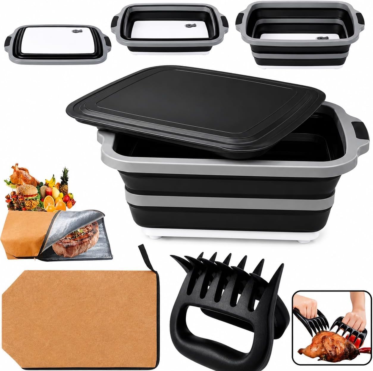 3pcs Barbecue Prep Tub, BBQ Blanket, Meat Shredder Claws | Collapsible 3 in 1 Cutting Board with Colander & Dish Basin, Insulated 21" Meat Resting Bag, Barbecue Grilling Accessories