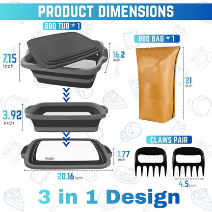 3pcs Barbecue Prep Tub, BBQ Blanket, Meat Shredder Claws | Collapsible 3 in 1 Cutting Board with Colander & Dish Basin, Insulated 21" Meat Resting Bag, Barbecue Grilling Accessories