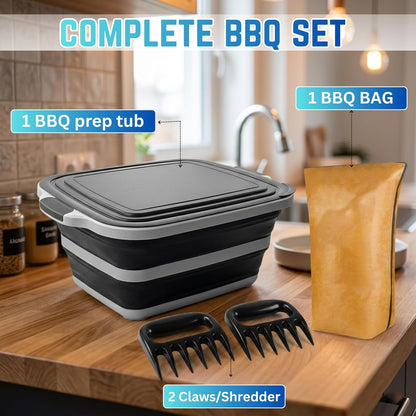 3pcs Barbecue Prep Tub, BBQ Blanket, Meat Shredder Claws | Collapsible 3 in 1 Cutting Board with Colander & Dish Basin, Insulated 21" Meat Resting Bag, Barbecue Grilling Accessories
