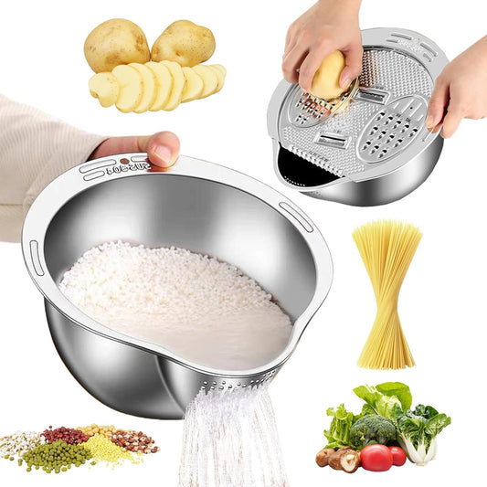 Rice Washer Strainer Bowl with Grater, Multipurse Stainless Steel Rice Colander with Side Drainer for Cleaning Quinoa, Fruits, Vegetables, Bean Versatile Kitchen Tool