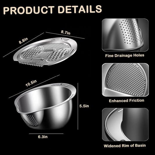 Rice Washer Strainer Bowl with Grater, Multipurse Stainless Steel Rice Colander with Side Drainer for Cleaning Quinoa, Fruits, Vegetables, Bean Versatile Kitchen Tool