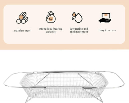 Expandable Stainless Steel Colander, Over The Sink Colander with Fine Mesh Basket Kitchen Strainer for Strain Drain Rinse Vegetables Fruits Dishes (Silver)