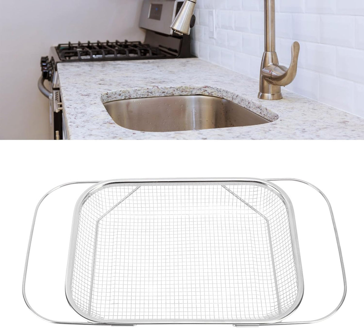 Expandable Stainless Steel Colander, Over The Sink Colander with Fine Mesh Basket Kitchen Strainer for Strain Drain Rinse Vegetables Fruits Dishes (Silver)
