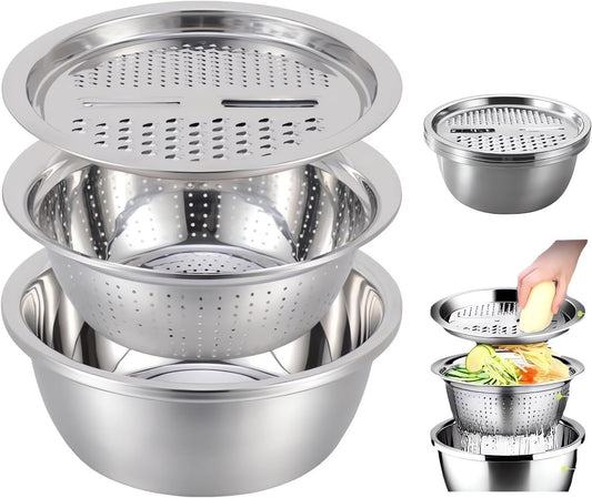 Germany Multifunctional Stainless Steel Basin - 2024 New Colander Strainer Set, Salad Spinner Fruit Vegetable Rice Washing Strainer Basket Bowl, Rice Rinser Food Graters with Container (DI-9.45in)