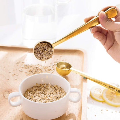 Coffee Scoop, Stainless Steel Golden Multi Function Coffee Measuring Spoon，Great Measuring Coffee, Tea，Protein Powder, Instant Drinks More - Perfect Coffee Spoon Bag Clip